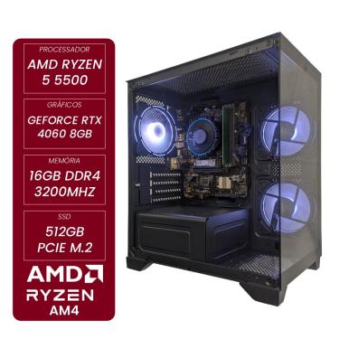 Imagem de Computador Gamer CertoX STREAM AMD AQ 1017 TC AMD Ryzen 5 5500 RTX 4060 8GB 16GB DDR4 256GB SSD C/3 Fans Linux