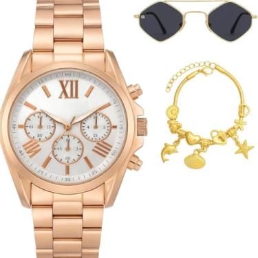 Imagem de Relogio Aco Rose Feminino Banhado + Oculos Pulseira inoxidavel protecao uv preto moda