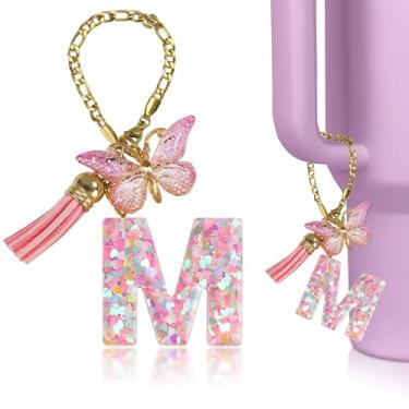 Imagem de Vmini Berloques de letras compatíveis com copo Stanley e bolsa de praia e copo moderno simples, acessórios fofos para bolsa Bogg com letra e pingente de borboleta rosa e borla, decoração fofa para