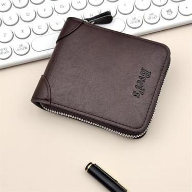 Imagem de Carteira masculina com bloqueio de zíper de couro para homens, porta-cartões dobrável, Marrom, Minimalista