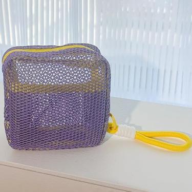 Imagem de Bolsa de cosméticos de malha leve e elegante, bolsa de armazenamento de cosméticos quadrada portátil com zíper, multiuso 14 x 14 x 4 cm, Roxa, Simples