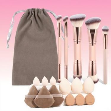 Imagem de Conjunto de pincéis de maquiagem de 18 peças, 5 pincéis de maquiagem profissionais, 12 puffs e uma bolsa de flanela confortável (tez)