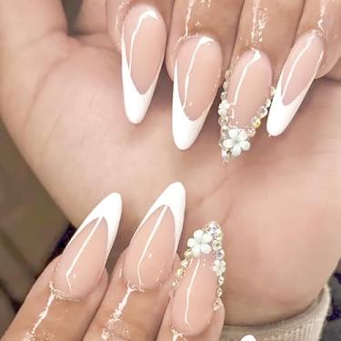 Imagem de Kit de unhas curtas médias amêndoas francesas brancas falsas com design de laço 3D, strass prensa acrílica cobertura completa em unha falsa para mulheres uso diário manicure casamento 24 peças