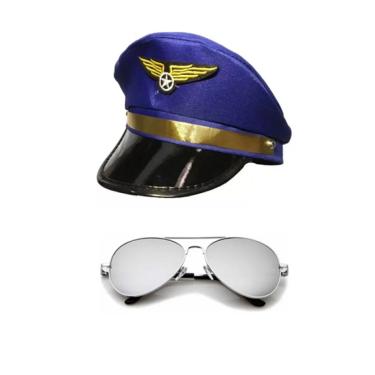 Imagem de Fantasia De Aviador Piloto C/ Quepe Azul E Óculos Espelhado
