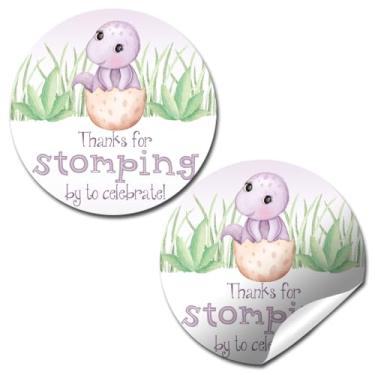 Imagem de Adesivos de chá de bebê de dinossauro roxo para meninas - 40 5 cm redondo Thanks for Stomping by Labels - Adesivos fofos de lembrancinha de festa de dinossauro, selos de envelope e bolsas de presentes