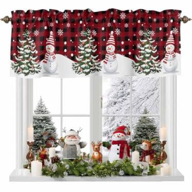 Imagem de Cortinas de Natal para janela de cozinha 152 x 45 cm, árvore de Natal, boneco de neve, flocos de neve, xadrez vermelho, bolso para varão, pequena cortina para sala de estar, letras vintage, sanefas