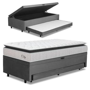 Imagem de Cama Bibox Baú Com Colchão City Solteiro E Cama Auxiliar Conjugada 88x188x69cm Bela Cinza/branco