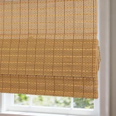 Imagem de Comzone Blinds Persianas romanas de bambu sem fio com forro blackout bege, persianas romanas de madeira tecida, persianas naturais blackout para janelas, portas, tordo, 94 cm L x 188 cm A