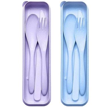 Imagem de Conjunto de utensílios de viagem reutilizáveis com estojo, 2 conjuntos de colheres de garfo de faca portáteis de palha de trigo, talheres de acampamento para lancheira, utensílios de mesa de plástico