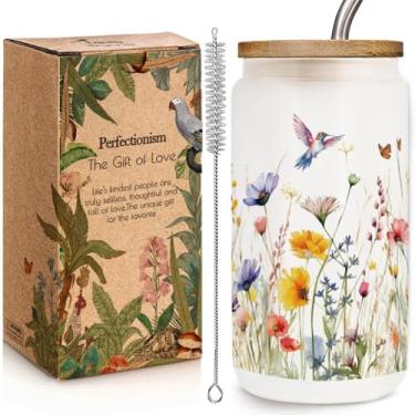 Imagem de Copos de vidro gelado florais com tampas e canudos de bambu 473 ml Copo de café bíblico de flores silvestres presente para mulheres copo de bebida de flor de borboleta com escovas de limpeza