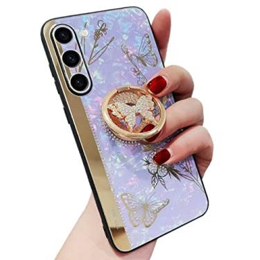 Imagem de AmazFCCY Capa com suporte para Galaxy A14 5G, linda concha de mármore floral borboleta com suporte de anel, capa protetora elegante à prova de choque para meninas e mulheres para Samsung A14 5G (roxa)