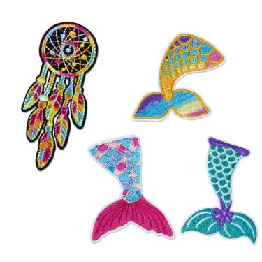 Imagem de 4 peças de cauda de sereia e apanhadores de sonhos bordados costurados a ferro em adesivos de reparo de tecido