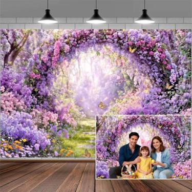 Imagem de Pano de fundo para fotografia de arco floral de flor roxa de 3,5 x 2,3 m, floresta, encantada, casamento, aniversário, bandeira de borboleta, decoração de festa de aniversário, decoração de princesa