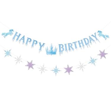 Imagem de 2pcs Snowflake Happy Birthday Banner, Pré-Montado Azul & Roxo Decoração Festa Aniversário Tema Maravilha de Inverno Guirlanda Gelo para Crianças Meninas Princesa Celebração Suprimentos