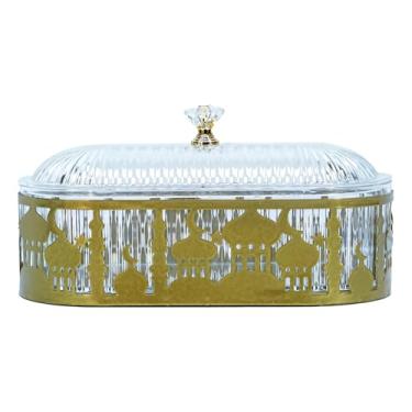 Imagem de Cabo de cristal e base de metal dourado, caixas de vidro, bandeja de servir Ramadã 2 conjuntos, com design decorativo de padrão musical, decoração de mesa elegante para celebrações islâmicas e Eid