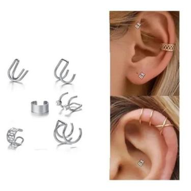 Imagem de Kit 6 Brincos Feminino Pressão Piercings Orelha Prateado - TOTAL