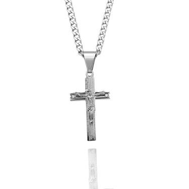Imagem de Cordão Corrente Masculina 60cm Aço Inox Com Pingente Cruz Crucifixo + Caixa