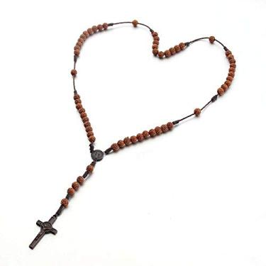 Imagem de DATOA Rosários católicos de madeira feitos à mão e crucifixo de metal para mulheres, homens, contas de oração, medalha de solo sagrado e cruz Y colar, Zinco, Sem Pedra Preciosa