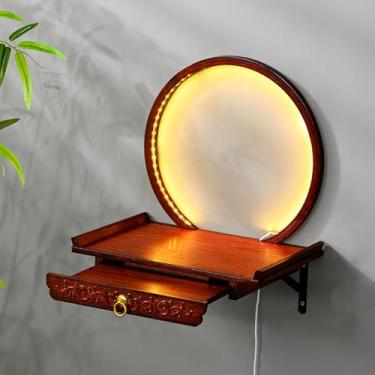 Imagem de QJSZMEI Suporte de estátua de Buda montado na parede com LED, mesa de altar de santuário budista pequeno para ofertas de incenso, mesa de oração de bambu retrátil para sala de estar (cor jacarandá, 60