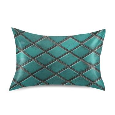 Imagem de Blueangle Fronha de cetim xadrez geométrica azul-petróleo para cabelo e pele, tamanho padrão (50,8 x 66 cm) - Capas de almofada de cetim refrescantes com fecho de envelope (622)