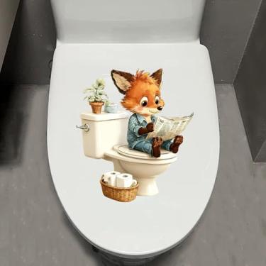 Imagem de Leniutor 1 adesivo de tampa de vaso sanitário de raposa com desenho de animal fofo, adesivo autoadesivo de banheiro e porta de parede, à prova d'água, removível, criativo, engraçado, adesivo de tampa