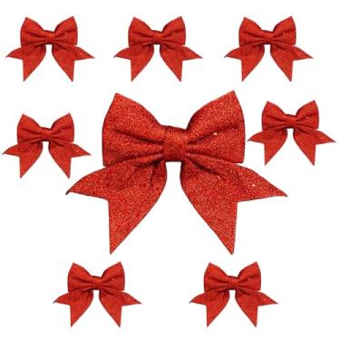 Imagem de Pacote com 8 laços de Natal para decoração de árvores, laços de guirlanda com glitter de 14 cm, pequenos laços decorativos para topo de árvore de Natal, casa, guirlanda e artigos de festa (VERMELHO)