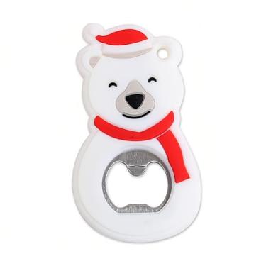 Imagem de Pacote com 4 abridores de garrafas com tema natalino - Removedores magnéticos decorativos de tampas de cerveja, ímãs de geladeira festivos para festas de fim de ano, bar e cozinha (forma de urso)