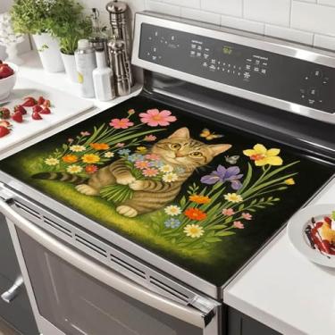 Imagem de HOMETITUTE Buquê de flores para fogões de gato capa de fogão elétrico 71 x 50 cm almofada decorativa de vidro para fogão resistente ao calor, tapete de cozinha para pias e bancadas feito com diatomita