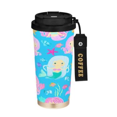 Imagem de STAYTOP Linda caneca de café de sereia de desenho animado, tampa 2 em 1 à prova de derramamento, copo de viagem de aço inoxidável premium, à prova de vazamento, garrafas de água para viagens, escola