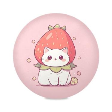 Imagem de Wassud Jogo americano gato com chapéu de morango tapetes de mesa redondos para cozinha e jantar tapetes laváveis resistentes ao calor decoração de mesa 39 cm