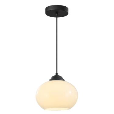 Imagem de Luminária pendente moderna industrial com globo preto e 1 lâmpada para cozinha, ilha ou sala de jantar. Luminária de teto pequena em vidro leitoso com ajuste de altura para sala de estar e q