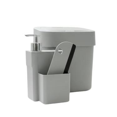 Imagem de Dispenser Detergente de Cozinha 2 em 1 com Porta Esponja e Rodo – Suporte Luxo para Pia, Sabão Líquido 750ml(DISPENSER+RODO+LIXEIRA CINZA)