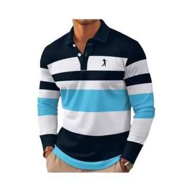 Imagem de Camisa Polo Masculina Listrada De Rugby Manga Longa Com Gola Casual Pa