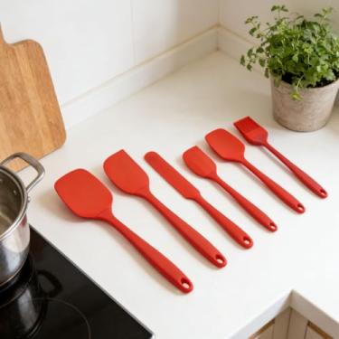 Imagem de Conjunto de espátulas de silicone vermelhas de 6 peças, utensílios de cozinha de grau alimentício com raspadores, escova espalhadora para panelas antiaderentes