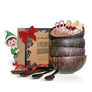 Imagem de COCOBOWLCO Conjunto de tigelas de coco com colheres de madeira – Tigelas de açaí ecológicas, tigelas de iogurte e tigela de smoothie – Ideal para Ninja Creami e café da manhã saudável (4, polido)