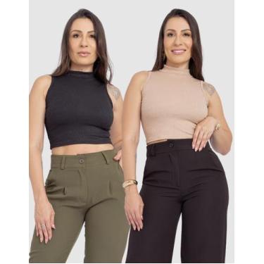 Imagem de Kit 2 Cropped Blusa Feminina Canelada Gola Alta Casual Elegante Verão 