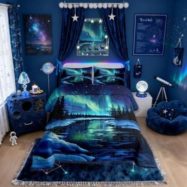 Imagem de Jogo de cama infantil Aurora natural, tamanho king, galáxia sonhadora, aurora, céu noturno estrelado, edredom romântico, azul e verde, 2 fronhas