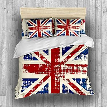 Imagem de SOMCELUM Conjunto de cama vintage Union Jack Accent com estampa colorida, conjuntos de cama 3/4 peças (1 capa de edredom com 2 fronhas ou lençol) (A, QUEEN-3 peças)