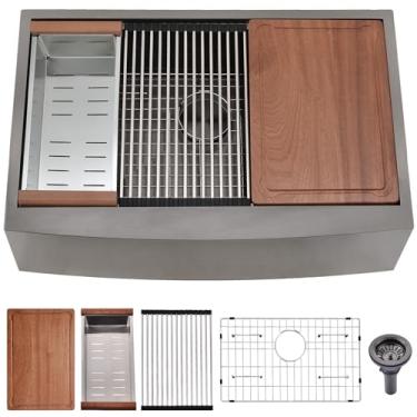 Imagem de BWXIAOC Estação de trabalho para pia de fazenda preta 91 x 56 cm, avental de 91 cm, pia de cozinha frontal, aço inoxidável, calibre 16, pia de cozinha com acessórios