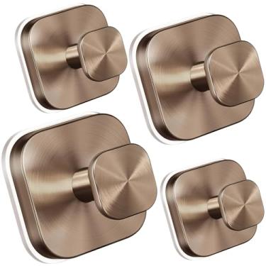 Imagem de Fliverly Ganchos com ventosa, aço inoxidável 304, quadrado, acabamento escovado, suporte de parede sem perfuração para toalhas e roupões de banho (bronze champanhe, pacote com 4)