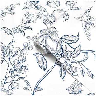 Imagem de Theper Papel de parede floral branco e azul papel de parede de papel de parede boho 43 cm × 497 cm vintage flor azul removível papel de parede autoadesivo para quarto papel de contato floral azul e
