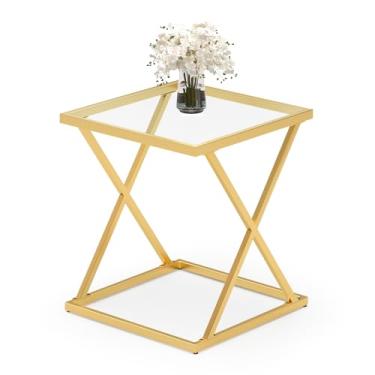 Imagem de CAFOM Mesa de canto quadrada com tampo de vidro temperado, moldura de metal elegante em forma de X, mesa de centro de sala de estar, mesa lateral de sofá, mesas de destaque para espaços pequenos, mesa