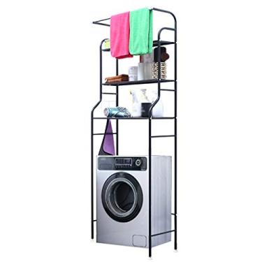 Imagem de Rack de armazenamento de máquina de lavar de 3 camadas com trilho de roupas, suporte organizador de banheiro, prateleira de torre que economiza espaço, branco, preto, para lavanderia, sala de estar