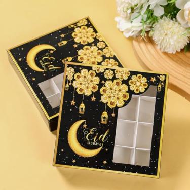Imagem de 2 caixas de bolo Ramadan Kareem, caixas de guloseimas pretas com janela direita e divisórias, pacotes quadrados de doces Eid para lanches, açúcar, chocolate, presentes para decoração de festa