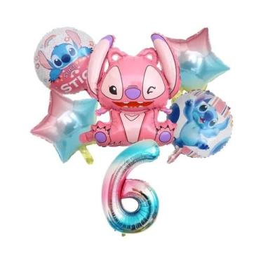 Imagem de Conjunto De Balões De Folha Rosa Angel Lilo Stitch 6 Peças Decorações 
