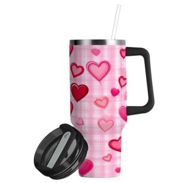 Imagem de ATTX Copo de corações rosa de 850 g com alça, copo de aço inoxidável a vácuo de parede dupla com palha, caneca de café de viagem isolada #396