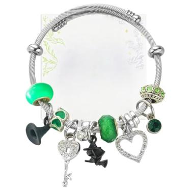 Imagem de Teilwenl Pulseira com pingente de bruxa com tema de bruxa e princesa, pulseira de cabo de prata, contas verdes e prateadas, pingentes de chave de coração, pulseira de amizade para fãs, One Size, Vidro