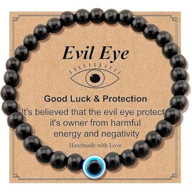 Imagem de Dhdgzq Pulseiras de olho turco azul, pulseira masculina, pulseira de olho turco da sorte para bênção de proteção, joia de proteção de contas pretas pulseira feita à mão para mulheres e homens