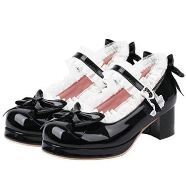 Imagem de LUXMAX Sapatos femininos Kawaii salto bloco médio Mary Jane Rockabilly com laço, Patente - preto, 6.5
