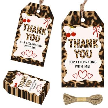 Imagem de 50 peças de etiquetas de agradecimento de leopardo cereja com estampa de leopardo selvagem, lembrancinhas de vale-presente com tema de cereja, obrigado por celebrar comigo, decoração de festa para
